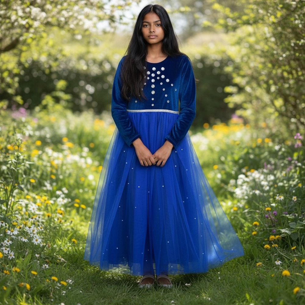 NWT Kids Royal Blue Velvet Tulle Rhinestone Formal Gown Dress Size 14/16